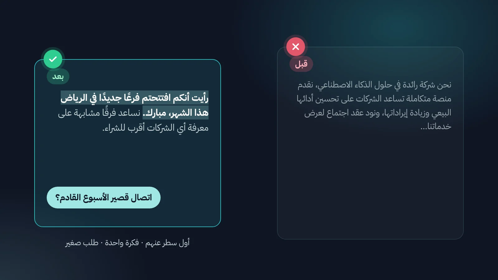 رسالة «قبل» طويلة وعامة مرفوضة، ورسالة «بعد» تبدأ بملاحظة عنهم وتنتهي بطلب صغير: اتصال قصير الأسبوع القادم