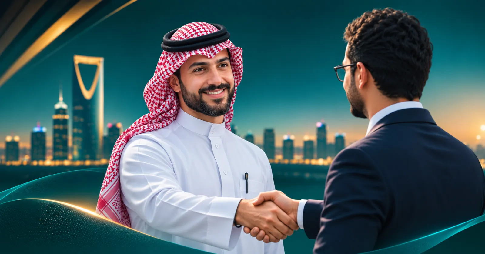 رجل أعمال سعودي بالزي التقليدي يصافح رجل أعمال آخر، وخلفهما أفق الرياض ليلًا